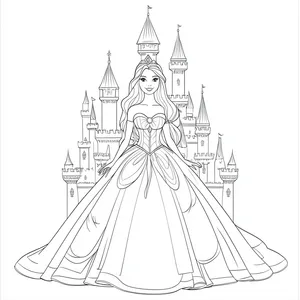 Coloring pages with princess barbie in a castle.