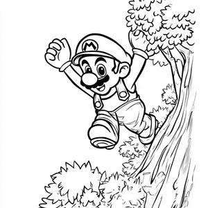 Coloring pages with mario climbing among trees and bushes