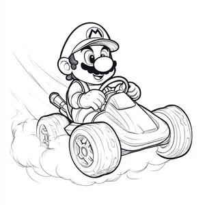 Coloring pages with mario driving a kart on a cloud