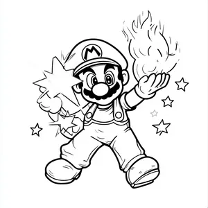 Coloring pages with mario holding a fireball surrounded by stars