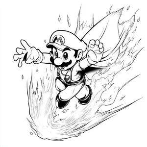 Coloring pages with mario flying with a cape surrounded by fireballs