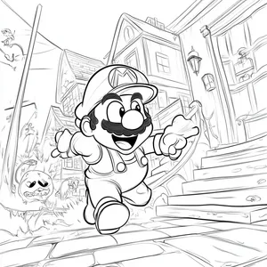 Coloring pages with mario in a frog suit running through a haunted house