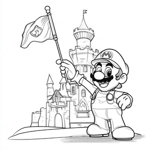 Coloring pages with mario holding a flag next to bowser's castle