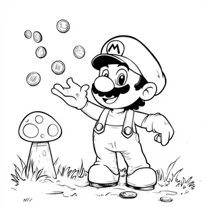 Coloring pages with mario holding a mushroom with coins falling from the sky