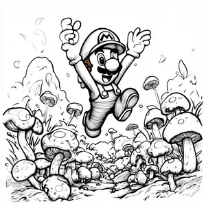 Coloring pages with mario jumping surrounded by mushrooms