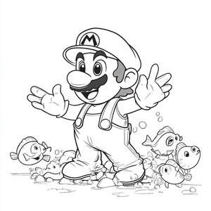 Coloring pages with mario in a penguin suit surrounded by cheep cheeps