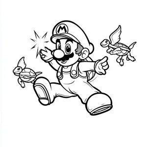 Coloring pages with mario with star power and flying turtles