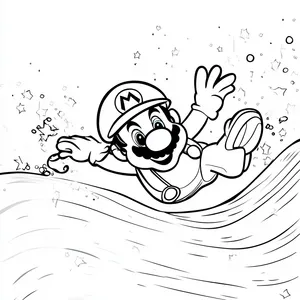 Coloring pages with mario swimming under a starry night sky