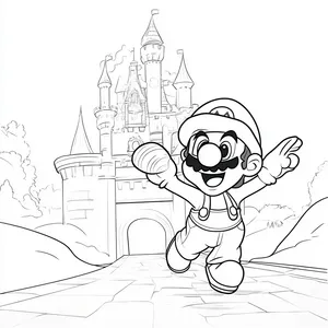 Coloring pages with mario throwing a shell in front of a castle