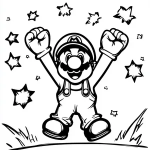 Coloring pages with mario celebrating victory under a starry night sky