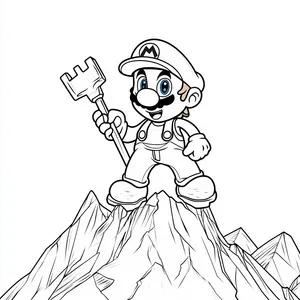 Coloring pages with mario with a wrench on top of a mountain